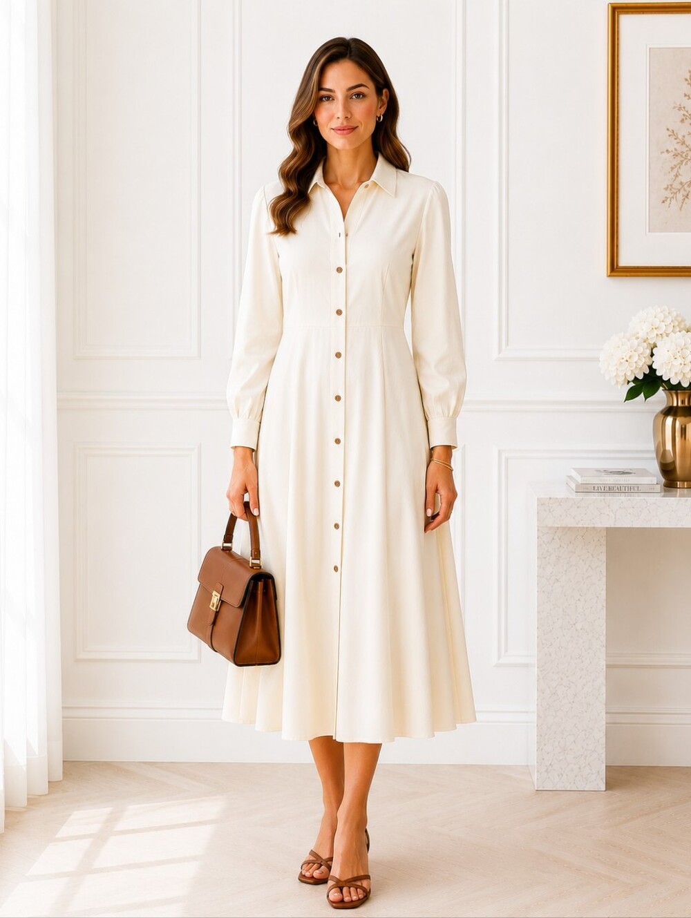 NWT | BANANA REPUBLIC Cream Midi Shirt DRESS | Tencel Lyocell | Size: Small - Picture 3 of 9